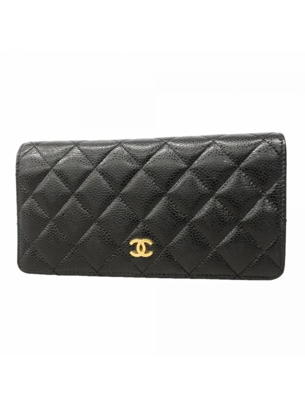 Chanel Wallet Quilted Caviar Leather Black Gold